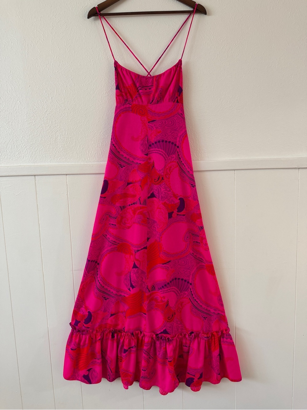 Vintage 70s Fumi’s Originals Honolulu Hawaii Maxi Dress Pink Psychedelic Ruffle